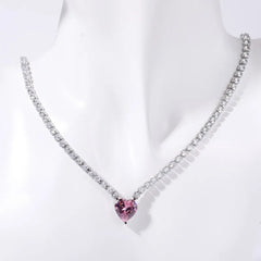 Stainless Steel Rhinestone Necklace with Pink Heart